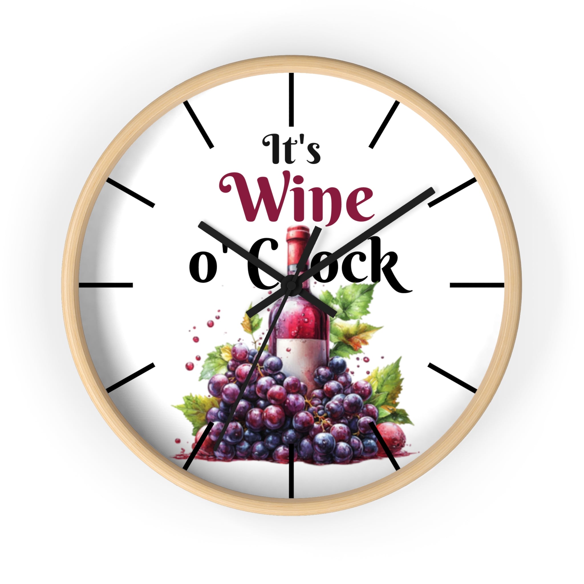 It's Wine O'Clock Wall Clock — Wine Bottle & Grapes Kitchen Decor